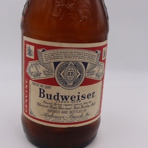 Vintage 1970s Budweiser Empty Collectable Amber Bottle One Quart Bottle Large - Picture 4 of 10